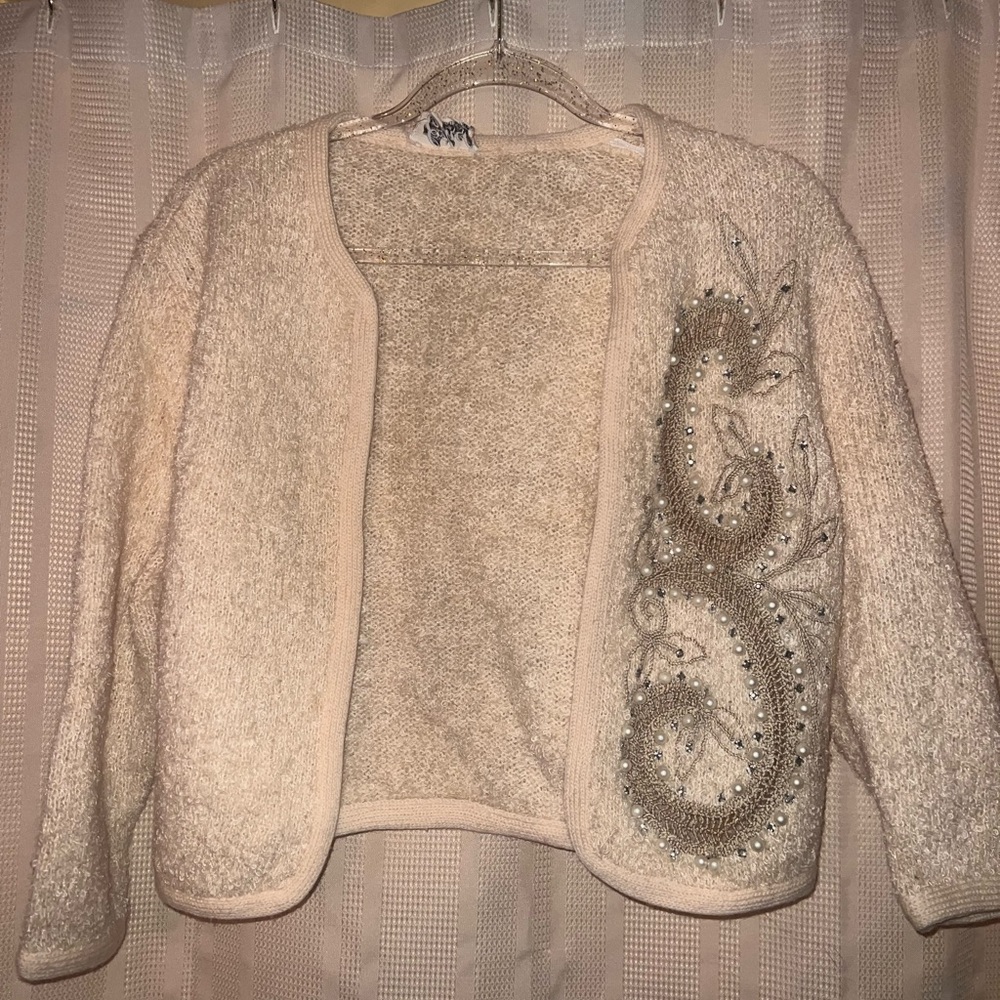 Vintage Mohair Rhinestone Pearl Ivory Jacket size M